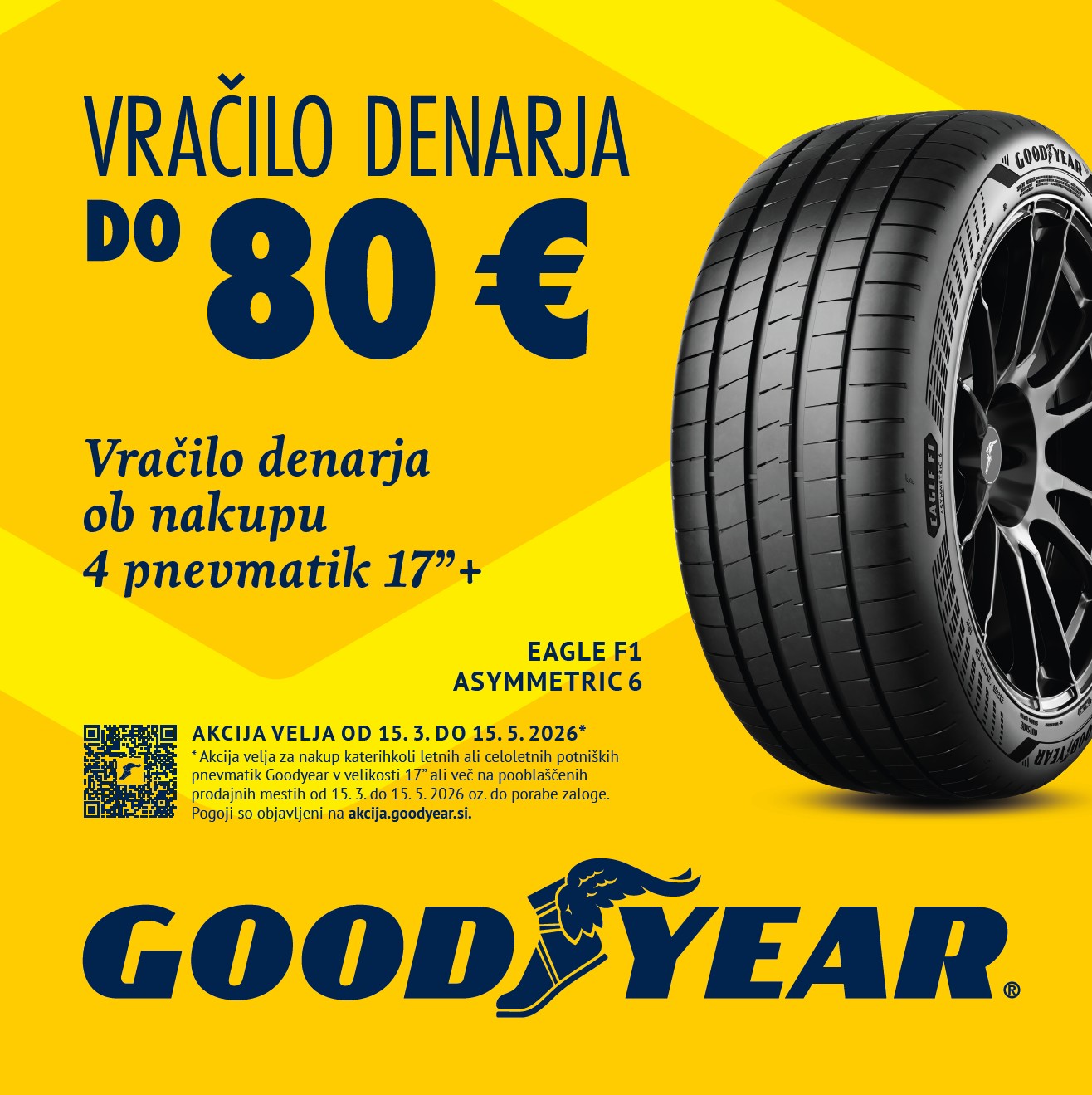 Prejmite vračilo denarja do 80 EUR ob nakupu seta letnih ali celoletnih pnevmatik Goodyear